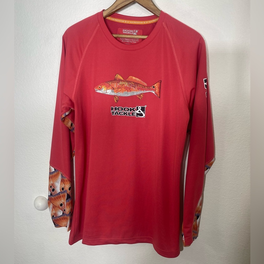 Hook & Tackle Mens Vented Long Sleeve Fishing Shirt Size Small Red Fish Sun Pro